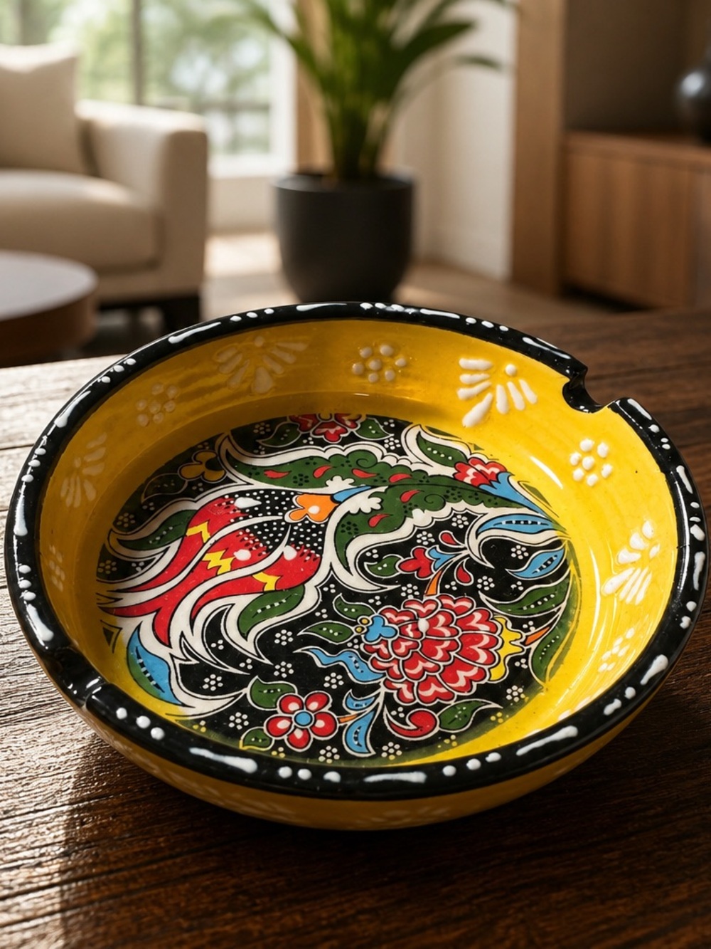 NWOT Hand Painted Turkish Ceramic Ashtray Yellow Floral Pattern